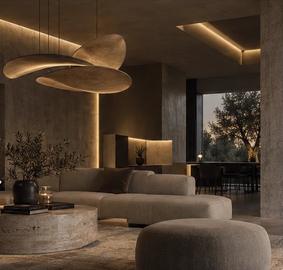 Soggiorno con lampada a sospensione scultorea, luce a parete e vista sul giardino