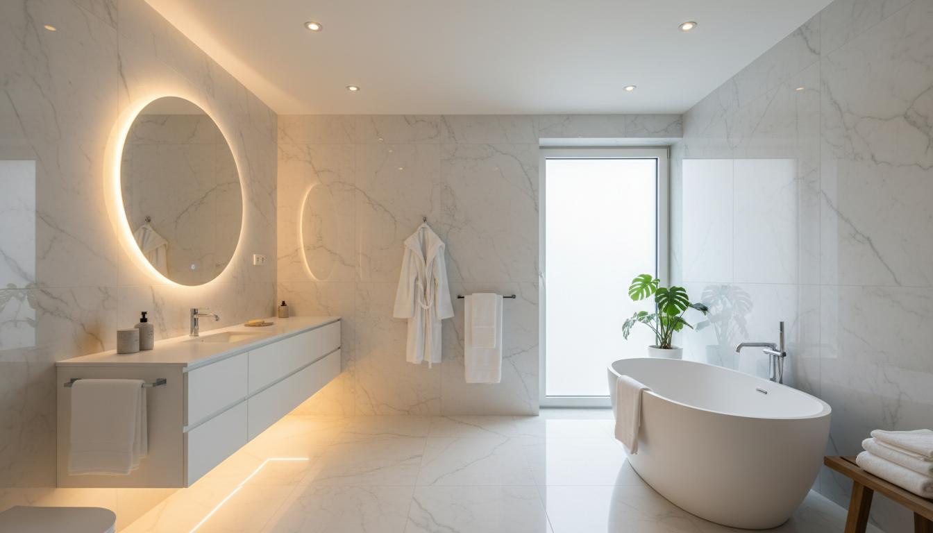 Bagno con specchio retroilluminato e profilo led a pavimento, scenari di luce regolabili