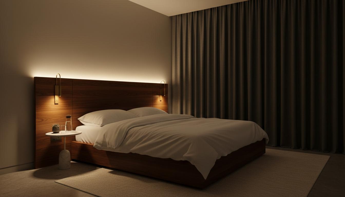 Camera da letto con illuminazione calda a parete e retroilluminazione della testiera