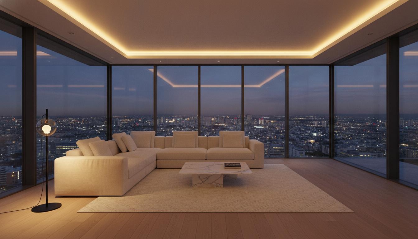 Ambiente open space con illuminazione perimetrale a soffitto e lampada da terra