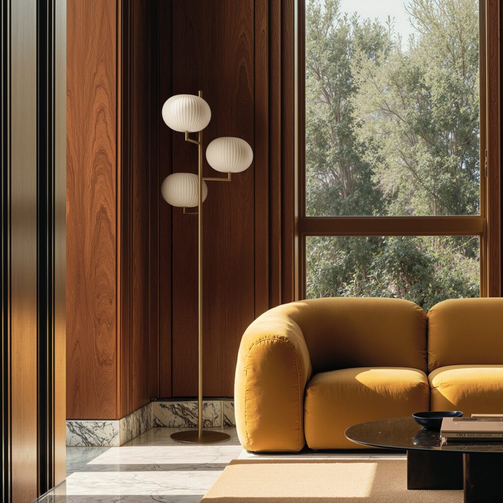 Lampada da terra Aromas del Campo Irzo con tre sfere accanto a un divano giallo