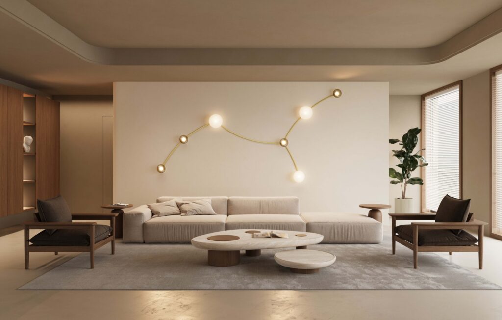 Soggiorno con il sistema Cangini & Tucci Gregh a costellazione, con le sfere di luce sul muro