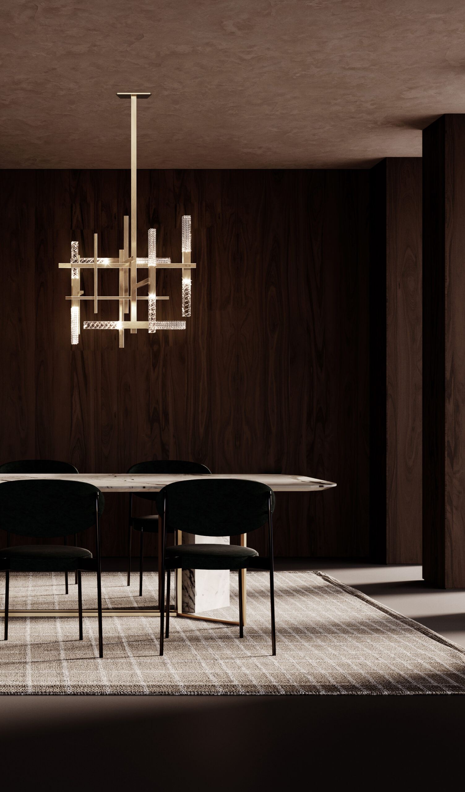 Sala da pranzo con il lampadario Contardi Mikado in ottone: la stessa scena al buio e con la luce accesa