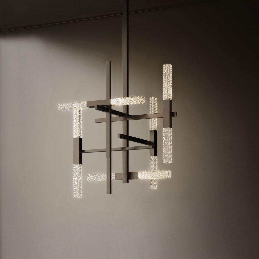 Lampadario Contardi Mikado con le bacchette in ottone e vetro