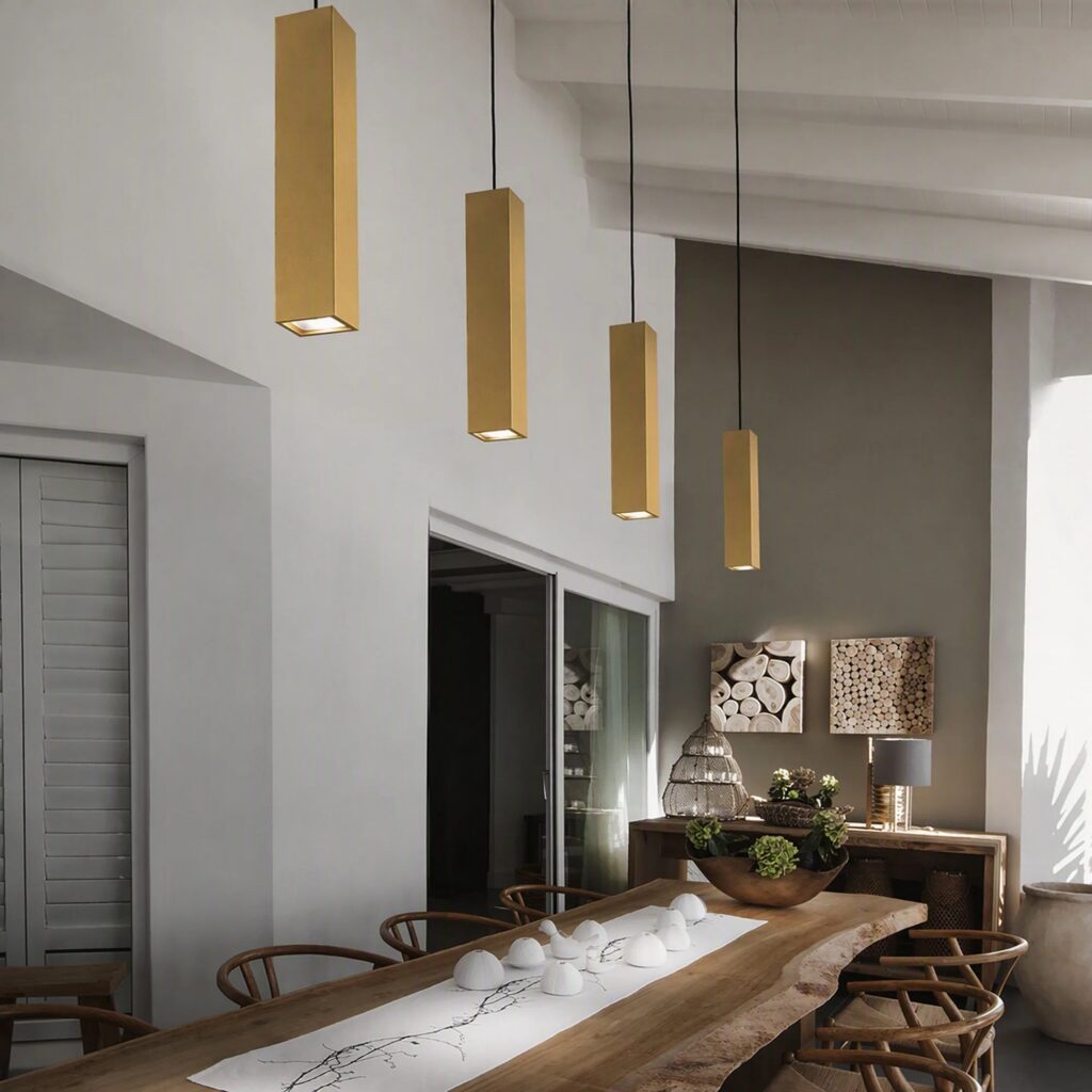 Sospensioni Ideal Lux Look a cilindro dorato sopra un tavolo di legno