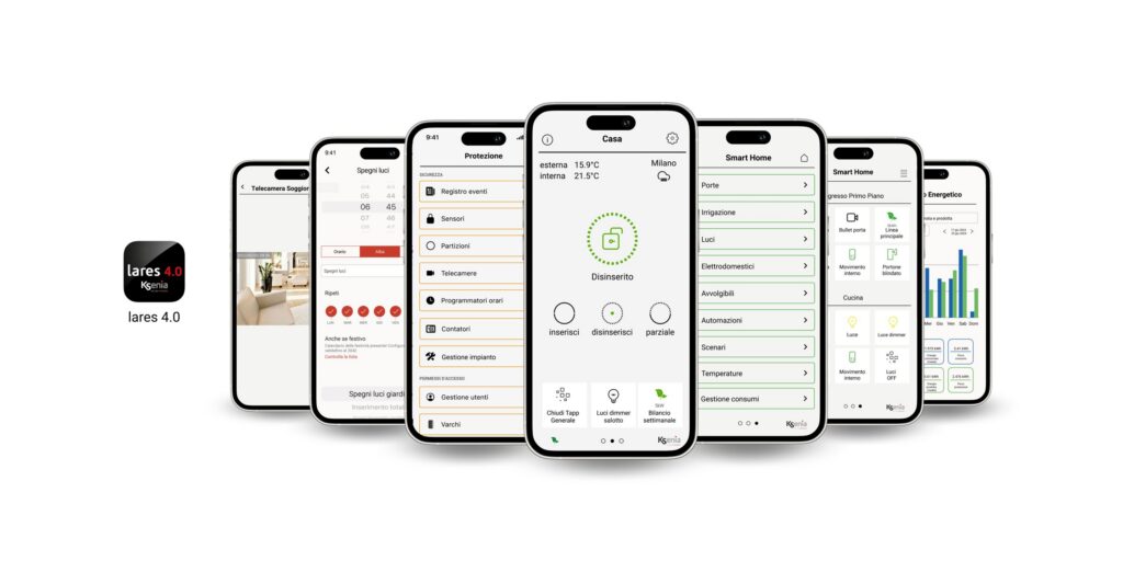 Le schermate dell'app Ksenia lares 4.0 su più telefoni