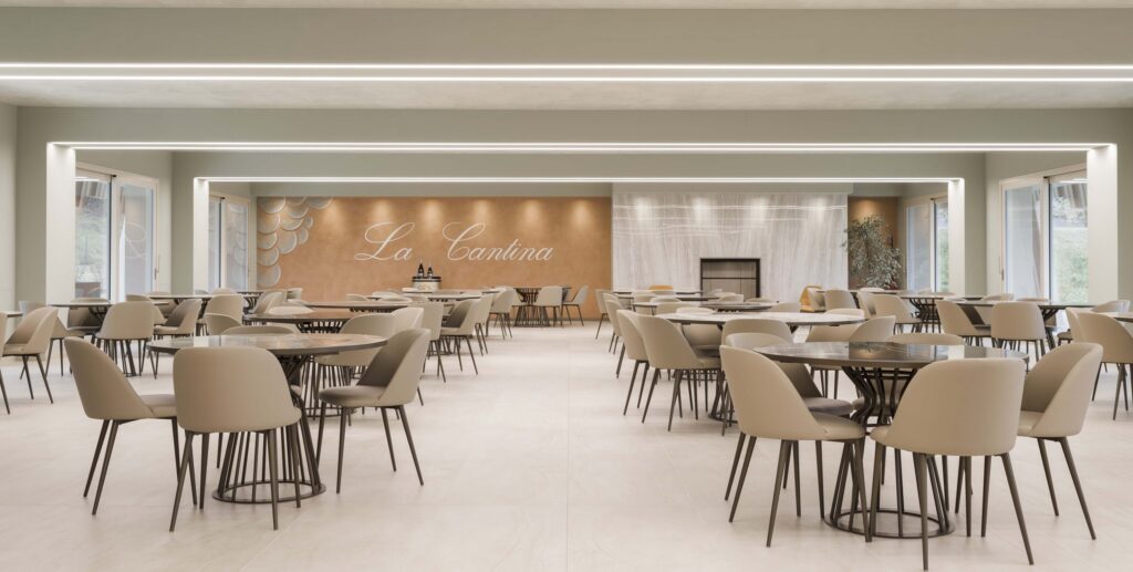 Sala di un ristorante di cantina con i tavoli e la luce calda
