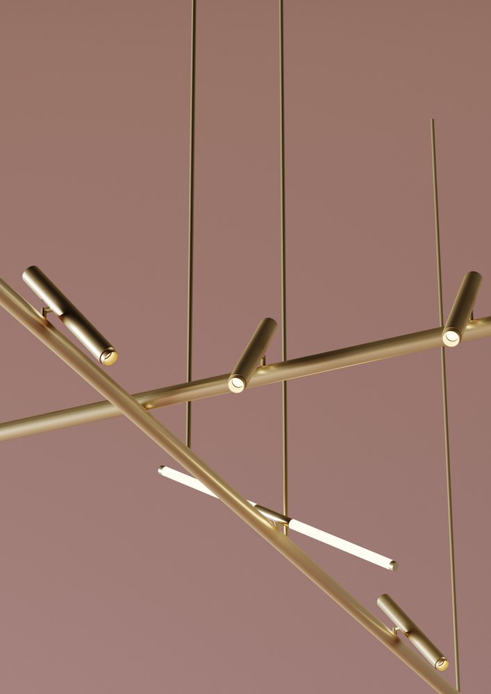 Sospensione Lip Lighting Sleek con le aste sottili incrociate su fondo rosa