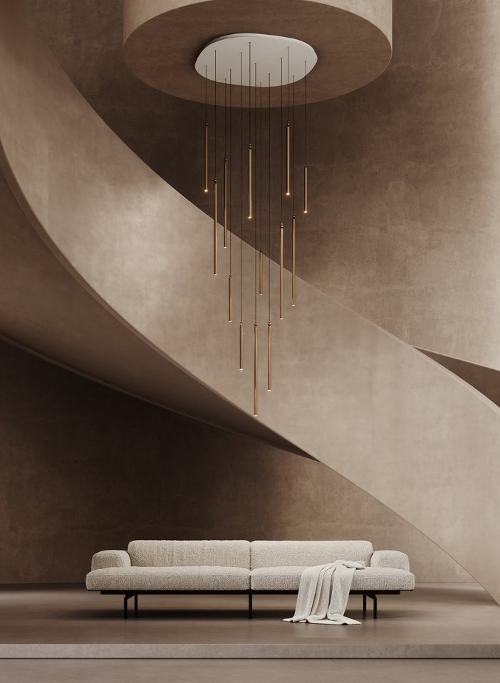 Sala con il soffitto curvo e le sospensioni sottili Masiero Serica