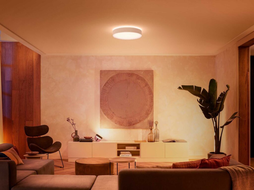 Soggiorno con la plafoniera Philips Hue Enrave accesa e le piante