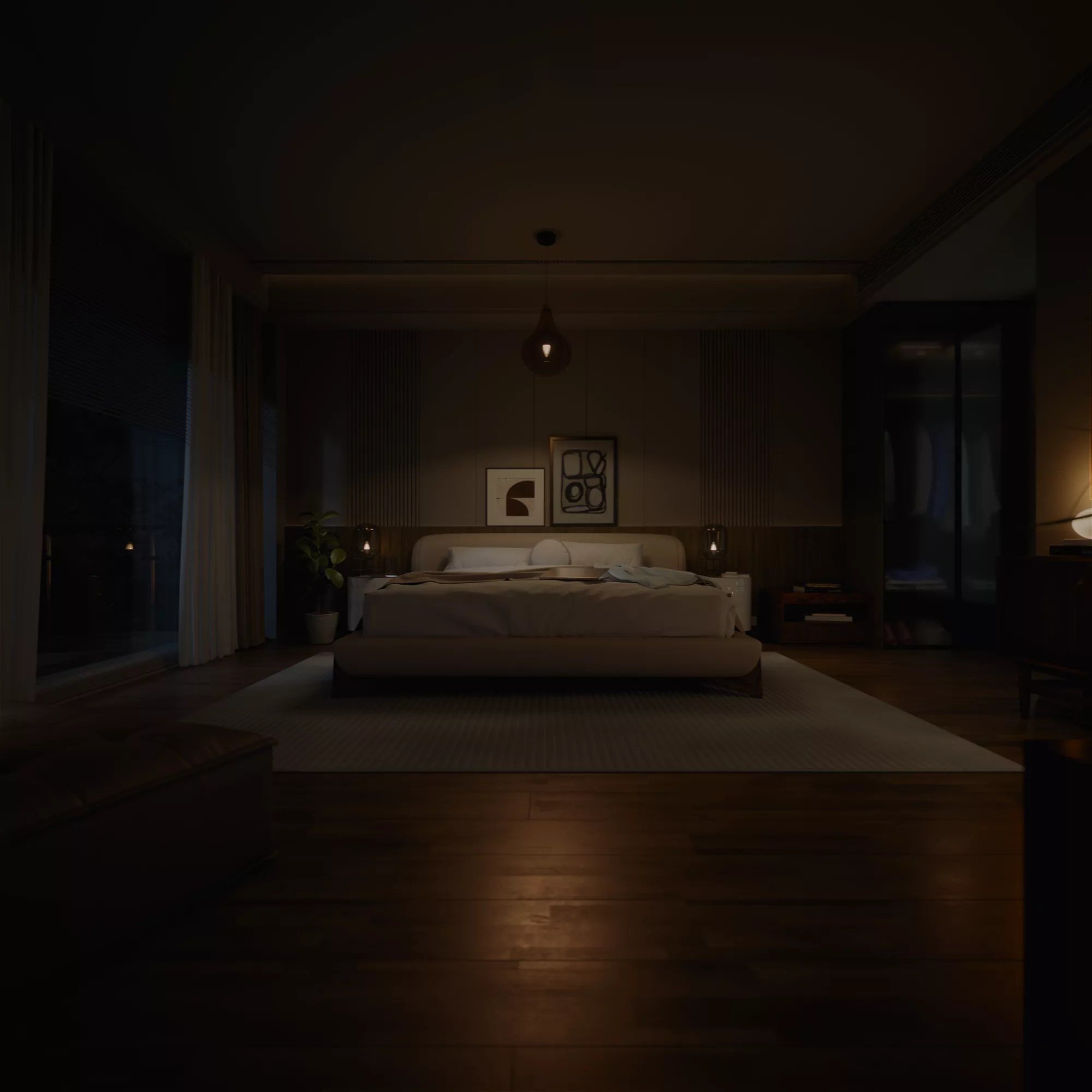 Camera da letto in penombra con le luci Philips Hue accese: la stessa scena al buio e con la luce accesa