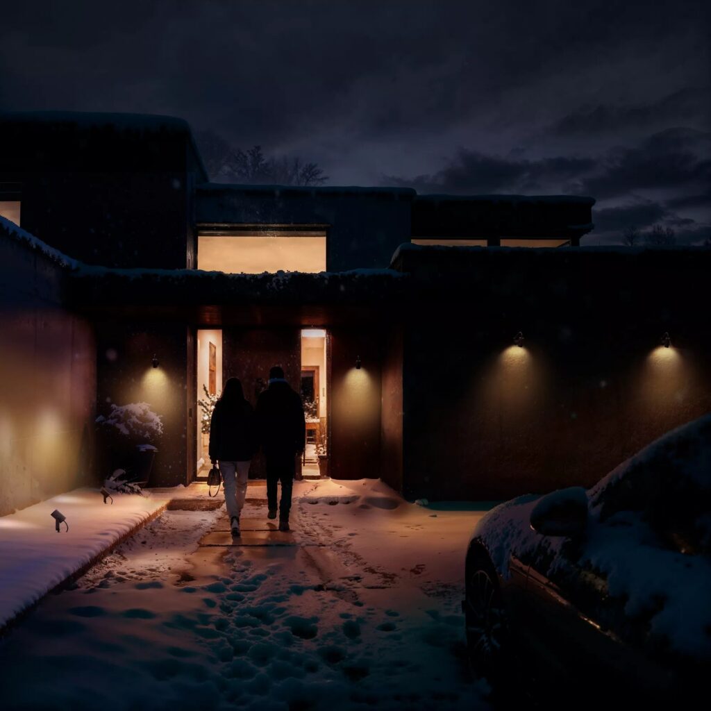 Ingresso di una casa di sera con le luci da esterno Philips Hue accese lungo il vialetto