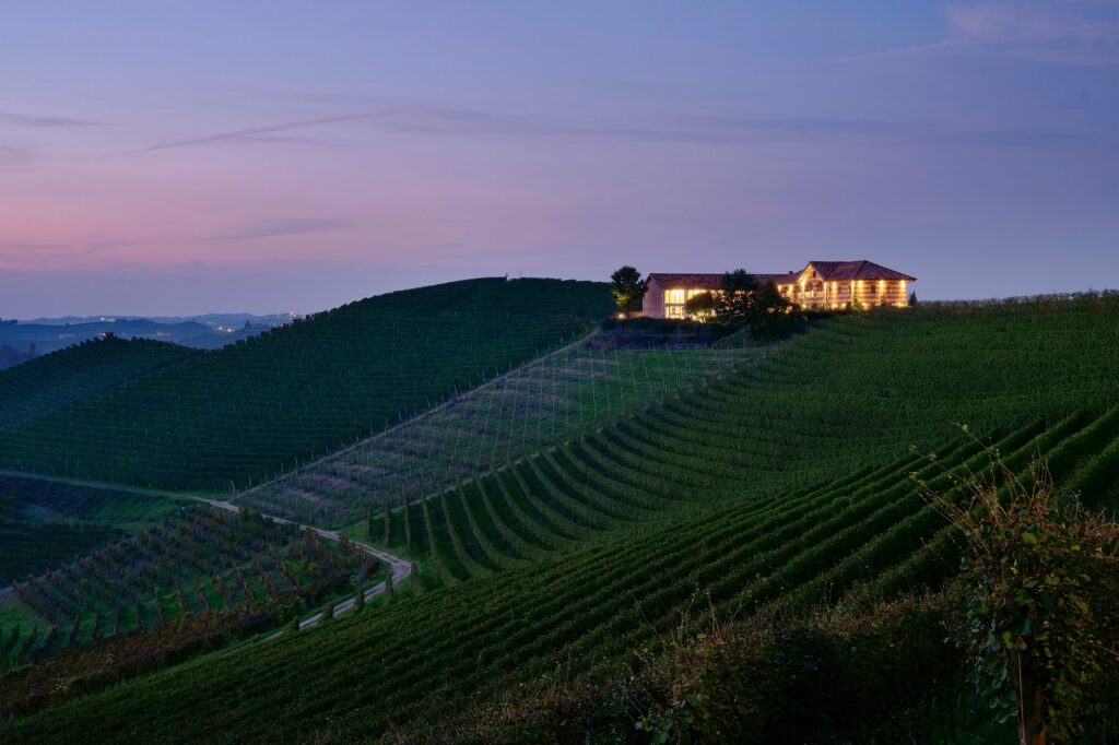 Giardino di una cascina con le aiuole fiorite e i paletti Platek fra le piante, al tramonto