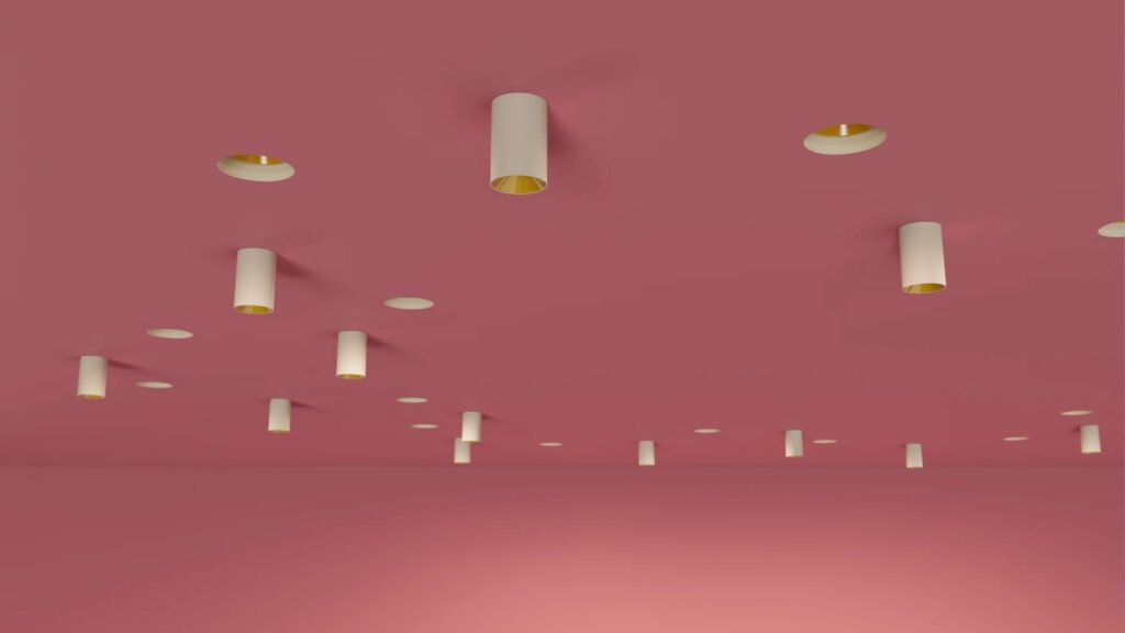 Cilindri di luce Prolicht Invader sospesi su fondo rosa