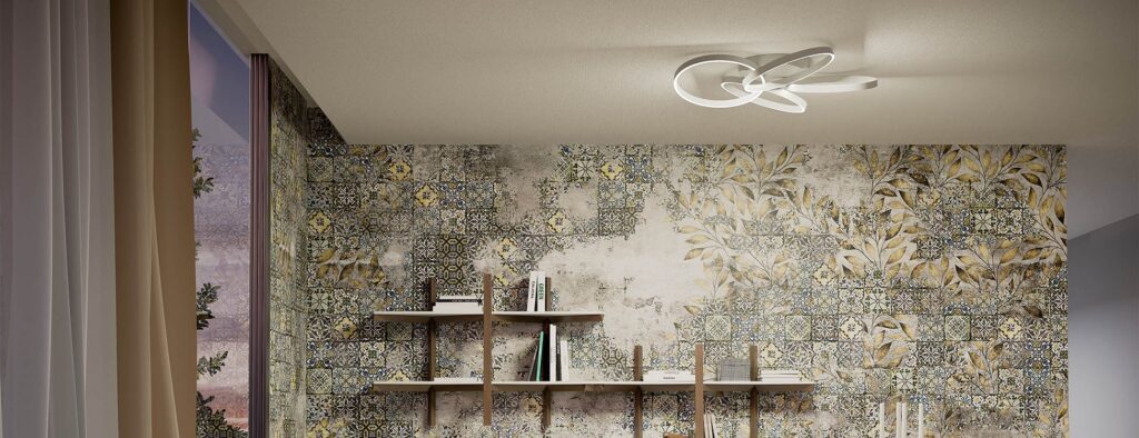 Plafoniera Redo Group Espiral a spirale su un soffitto con la carta da parati