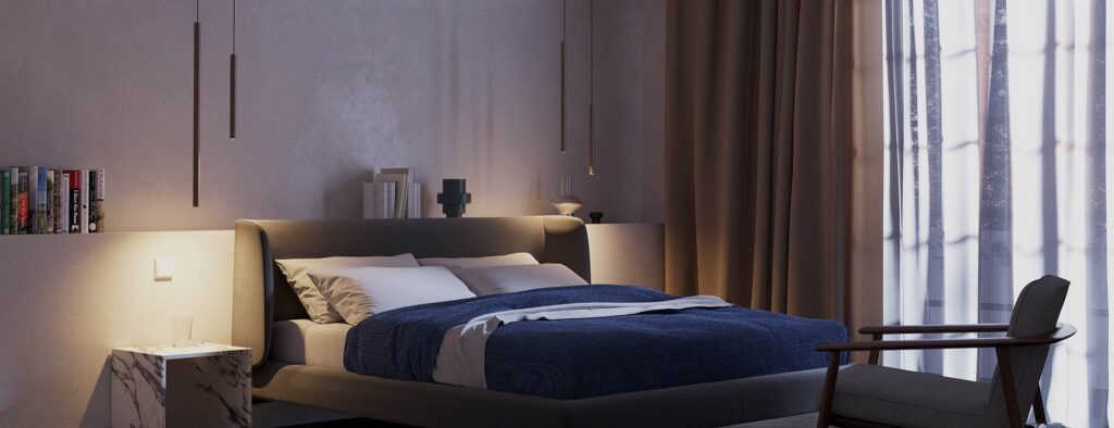 Camera da letto con le sospensioni sottili Redo Group Kanji ai lati del letto