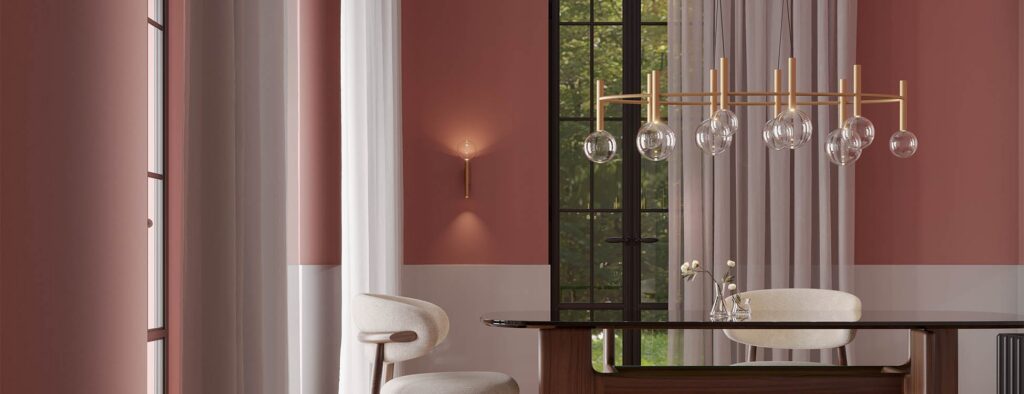 Sala da pranzo rosa con le sfere di vetro Redo Group Bolla sospese sopra il tavolo